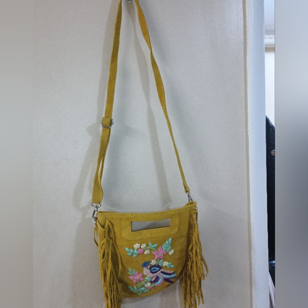 Embroidered Yellow Crossbody Bag with Fringe - Picture 7 of 14